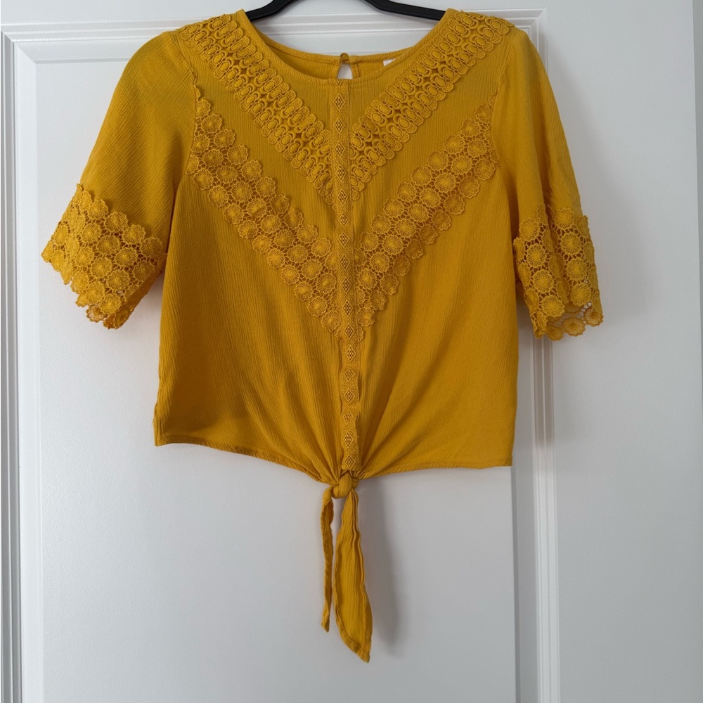 No Boundaries Mustard Crochet Trim Tie-Front Crop Top